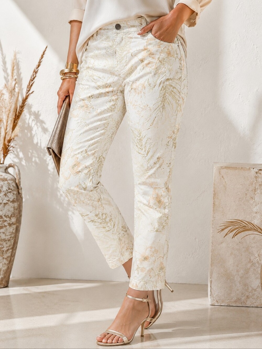 Marrakech Floral Print Slim Straight Pants Cotton Stretch Resort Coastal 29